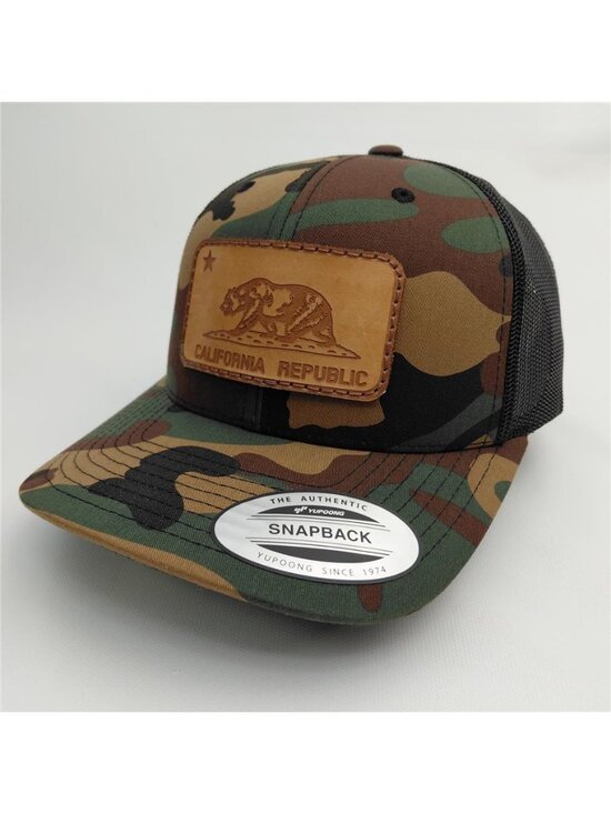 California Republic Genuine Leather Patch Camo Yupoong Snapback Trucker Hat Luxe